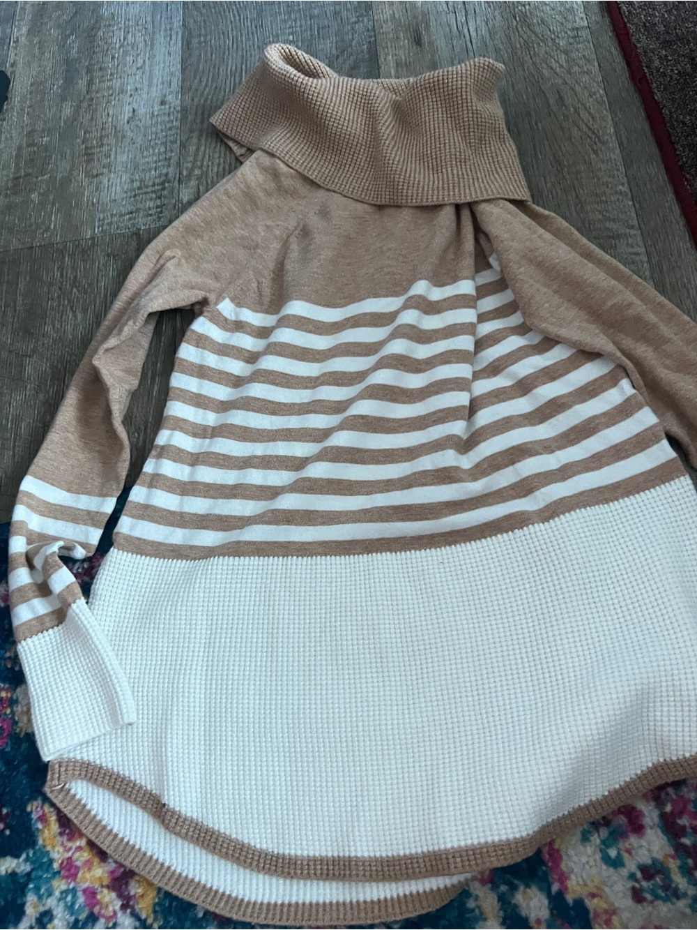 Cyrus Cozy Stripe Turtleneck Sweater in Beige and White
